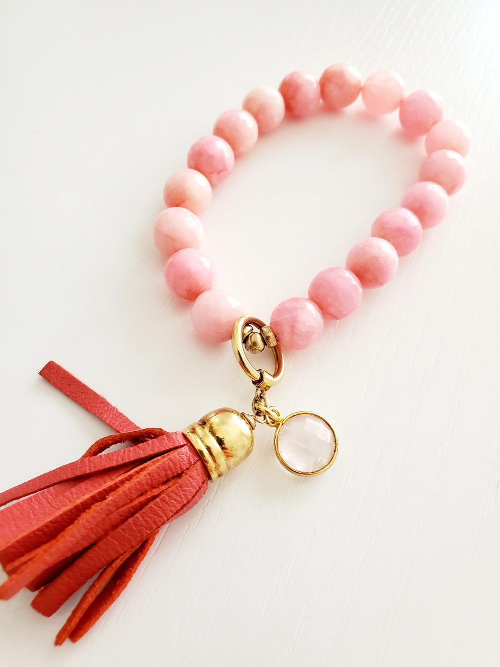 Pink Beaded Tassel Bracelet with Gold Accents